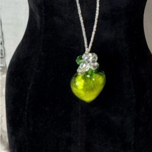 Heart Necklace green &  iridescent crystals 11” chain doubled 2” heart pendant